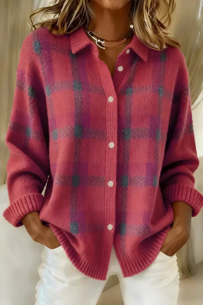 Women's Elegant Cozy Checkered Longline Cardigan