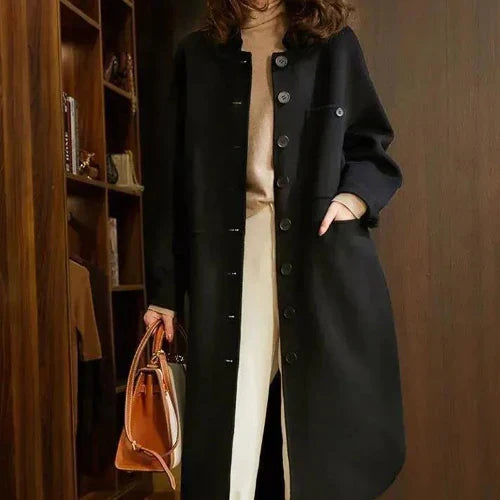 Women's Long Button-Front Jacket with Side Pockets and Relaxed Fit