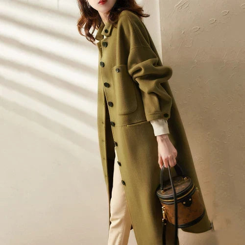 Women's Long Button-Front Jacket with Side Pockets and Relaxed Fit