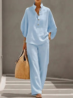 Women's Classic Wide-Sleeve Top and Wide-Leg Pant Set