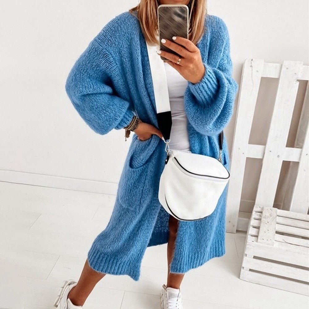 Women’s Oversized Open-Front Cardigan with Balloon Sleeves and Longline Hem for Everyday Layering
