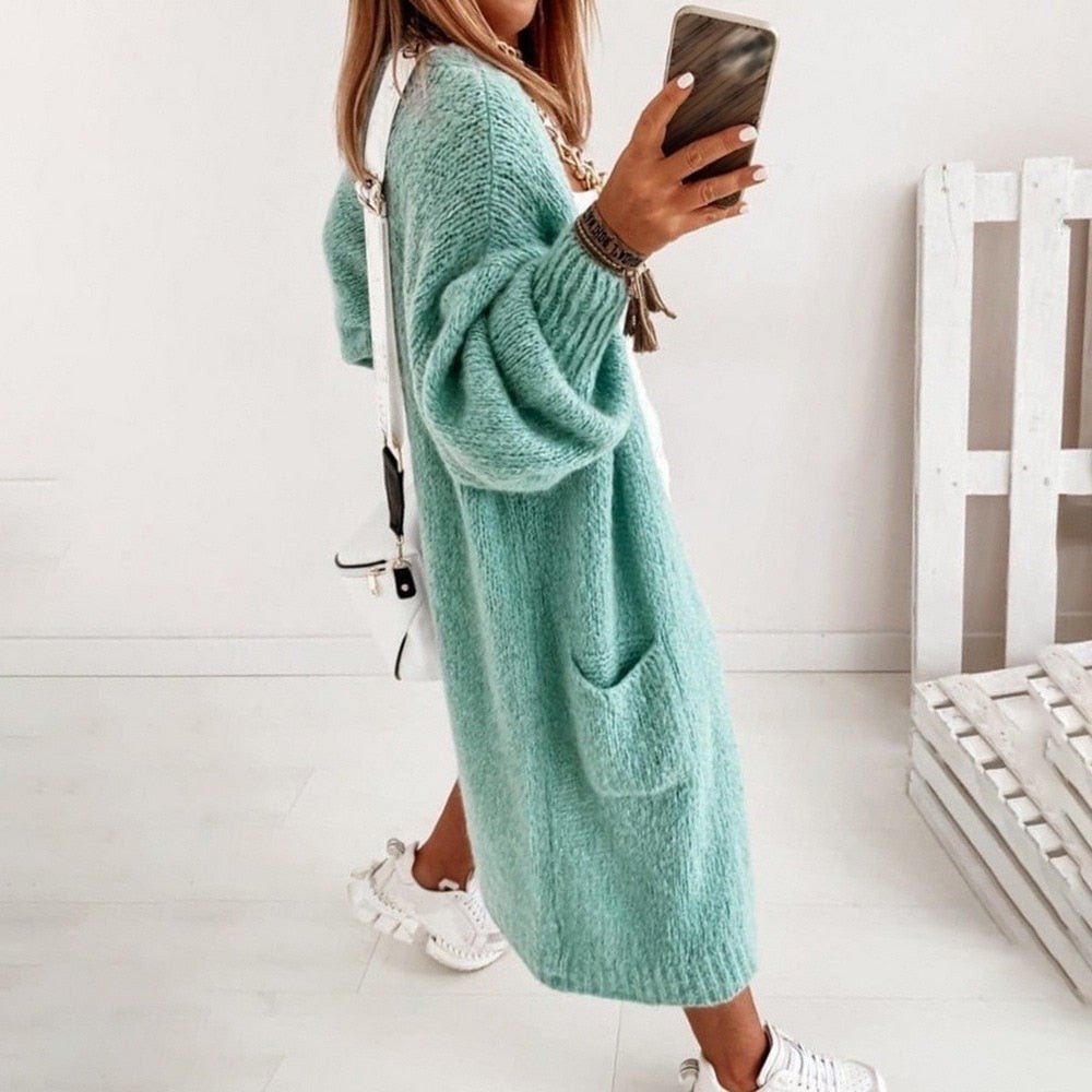 Women’s Oversized Open-Front Cardigan with Balloon Sleeves and Longline Hem for Everyday Layering