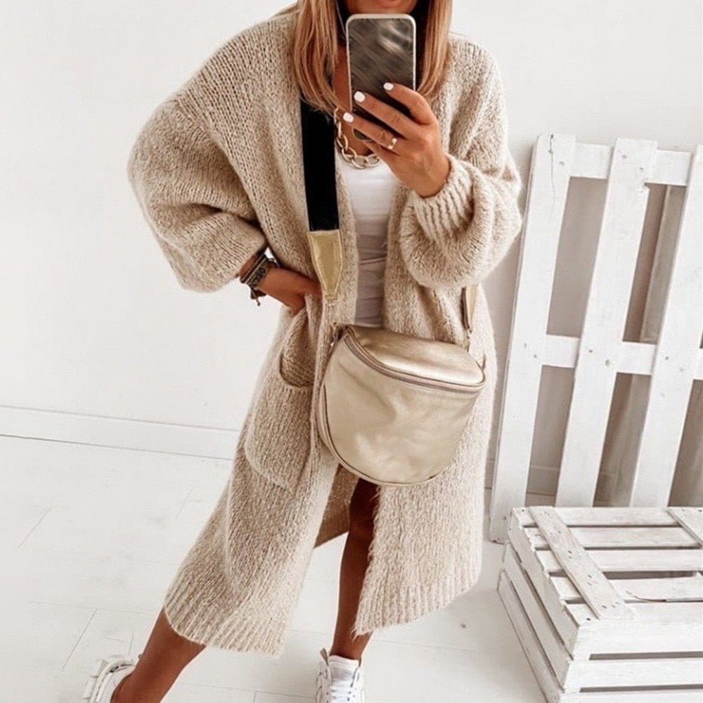 Women’s Oversized Open-Front Cardigan with Balloon Sleeves and Longline Hem for Everyday Layering