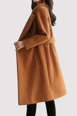 Belted Longline Women's Winter Coat in Camel