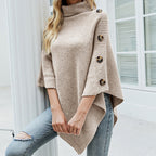 Women's Flowing Turtleneck Poncho Pullover with Decorative Button Detail and Asymmetric Hem