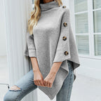 Women's Flowing Turtleneck Poncho Pullover with Decorative Button Detail and Asymmetric Hem