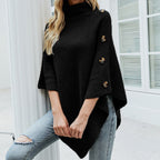 Women's Flowing Turtleneck Poncho Pullover with Decorative Button Detail and Asymmetric Hem