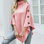 Women's Flowing Turtleneck Poncho Pullover with Decorative Button Detail and Asymmetric Hem