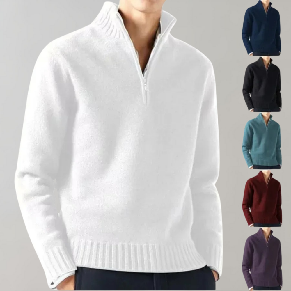 Men's Casual Half-Zip Pullover Sweater with Ribbed Stand Collar