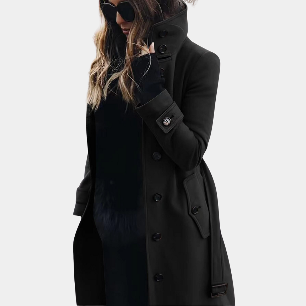 Women's Classic Double-Breasted Trench Coat with Stand Collar and Tie Belt
