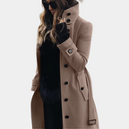 Women's Classic Double-Breasted Trench Coat with Stand Collar and Tie Belt