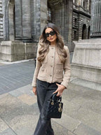 Women’s Elegant Tailored Boucle Blazer with Gold Accents