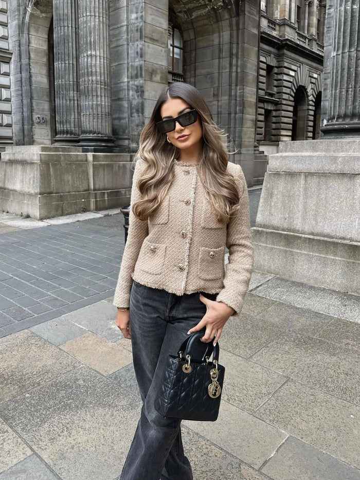 Women’s Tailored Boucle Blazer with Elegant Gold Buttons