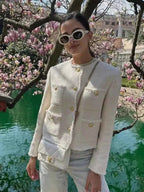 Women’s Elegant Tailored Boucle Blazer with Gold Accents