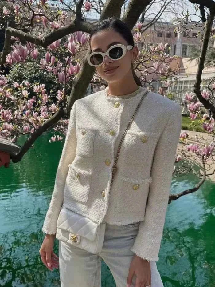 Women’s Tailored Boucle Blazer with Elegant Gold Buttons