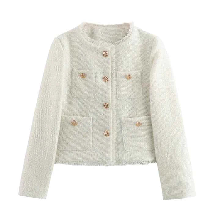 Women’s Elegant Tailored Boucle Blazer with Gold Accents