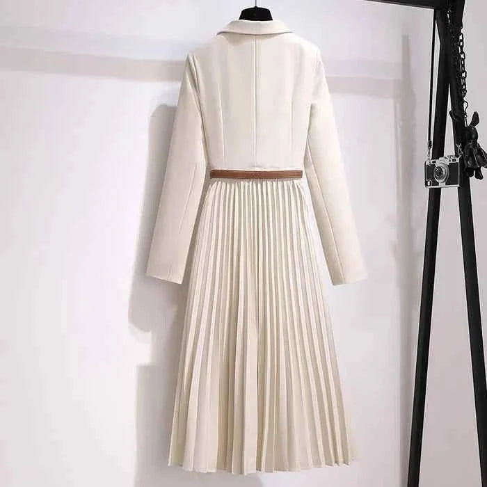 Women’s Elegant Tailored Midi Dress with Pleated Skirt and Belted Wa