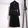 Women’s Elegant Tailored Midi Dress with Pleated Skirt and Belted Wa