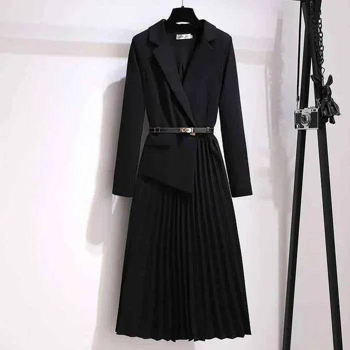 Women’s Elegant Tailored Midi Dress with Pleated Skirt and Belted Wa