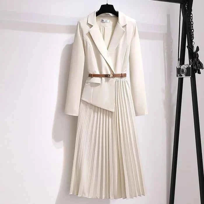 Women’s Elegant Tailored Midi Dress with Pleated Skirt and Belted Wa