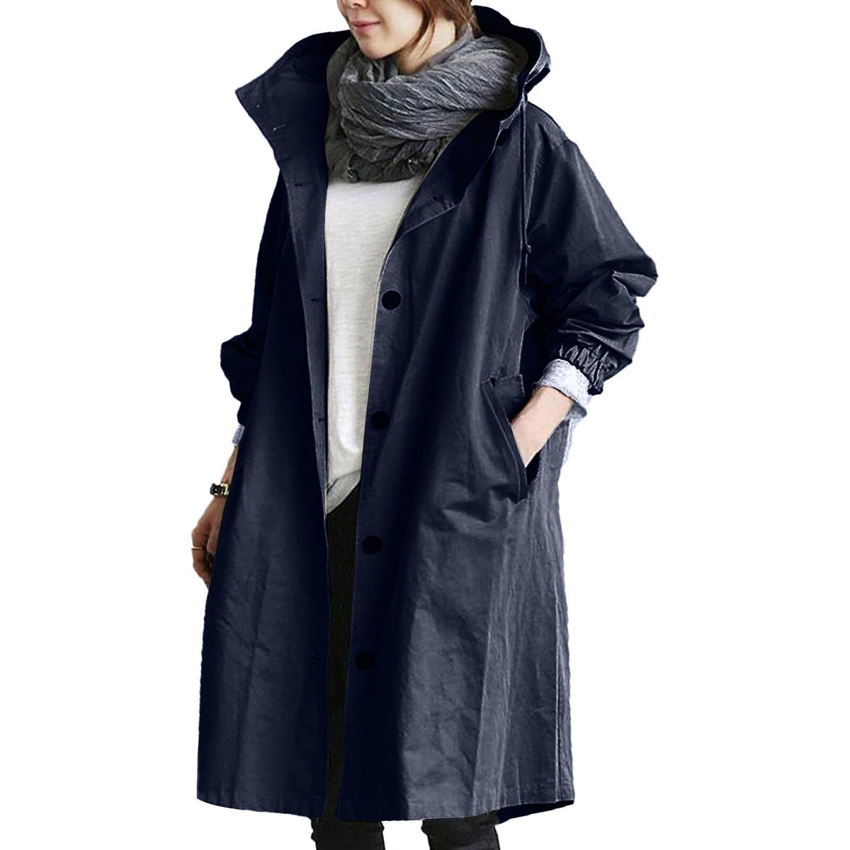 Women’s Hooded Long Raincoat with Button Front and Pockets