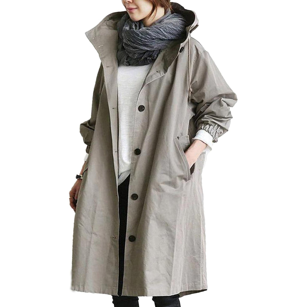 Hooded Waterproof Long Raincoat with Button Closure and Pockets