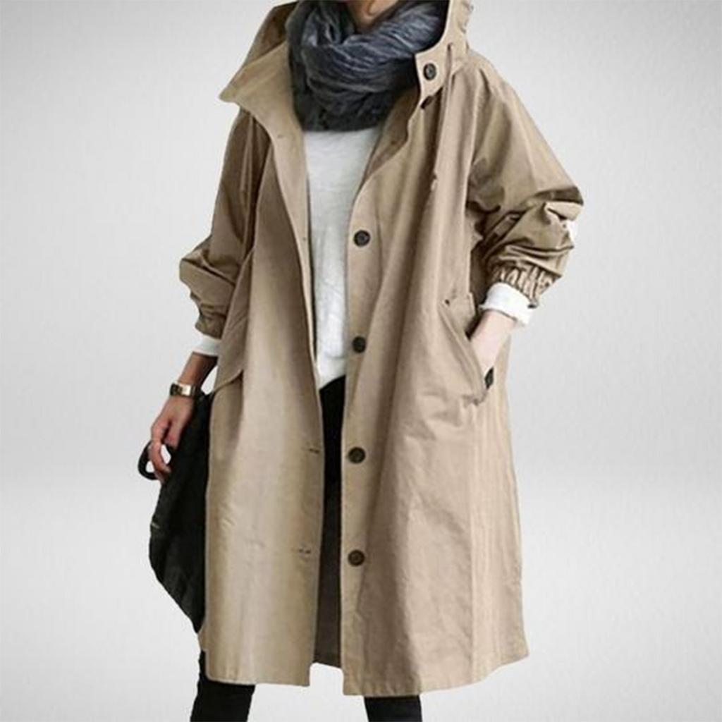 Hooded Waterproof Long Raincoat with Button Closure and Pockets