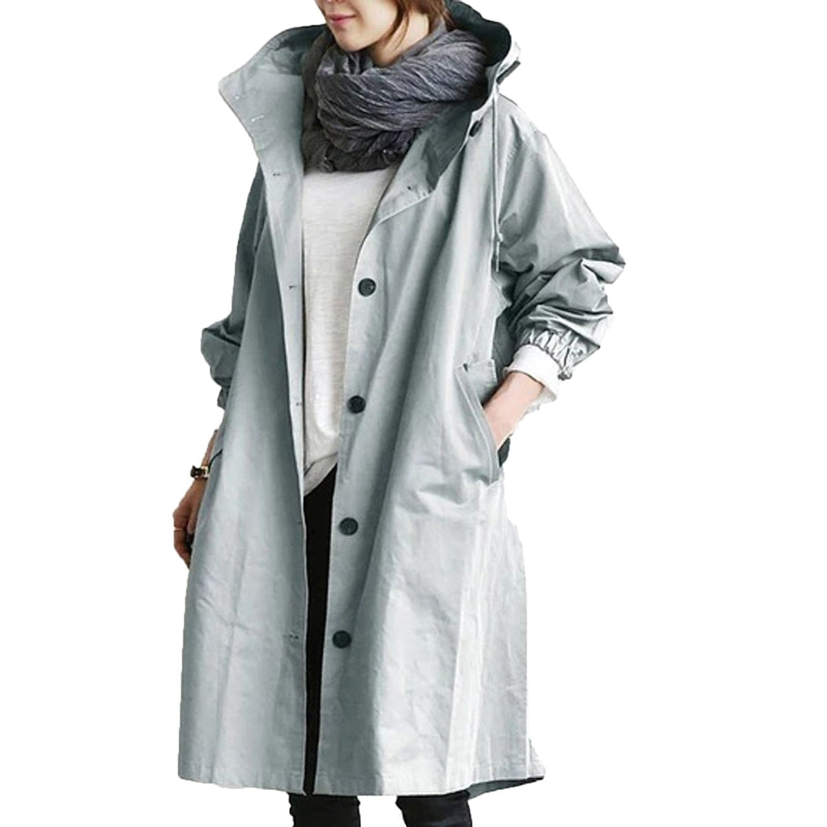 Women’s Hooded Long Raincoat with Button Front and Pockets