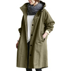 Hooded Waterproof Long Raincoat with Button Closure and Pockets