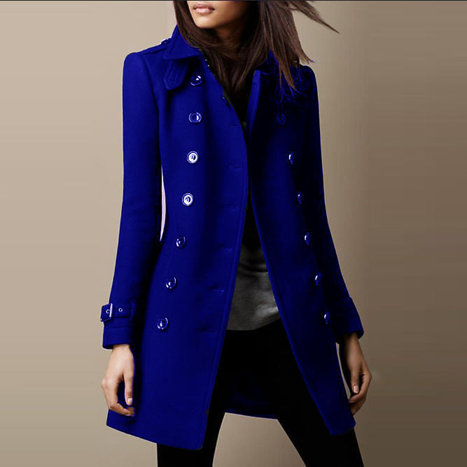 Royal Blue Women's Double-Breasted Tailored Winter Coat
