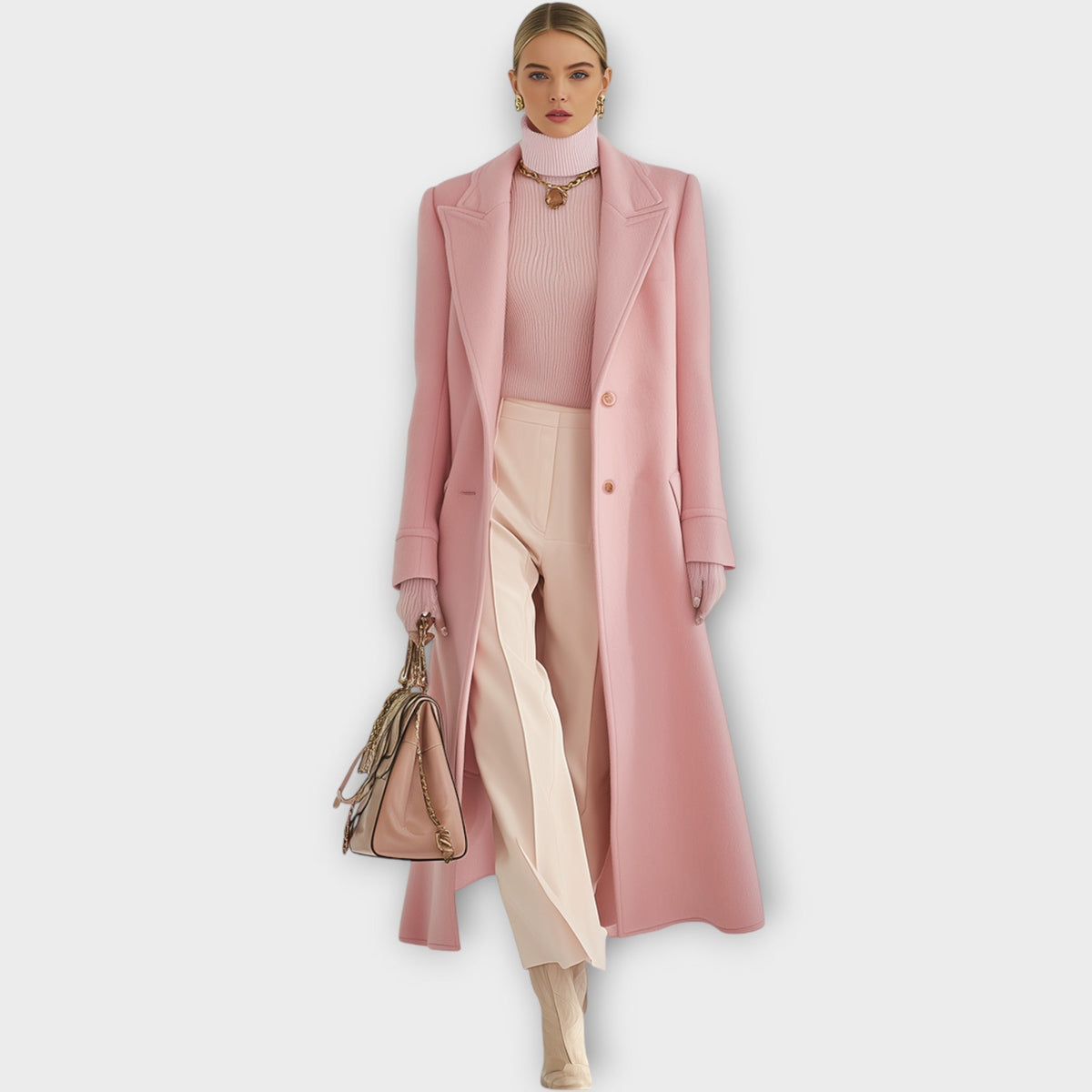 Tailored Long Winter Coat for Women with Notched Lapel