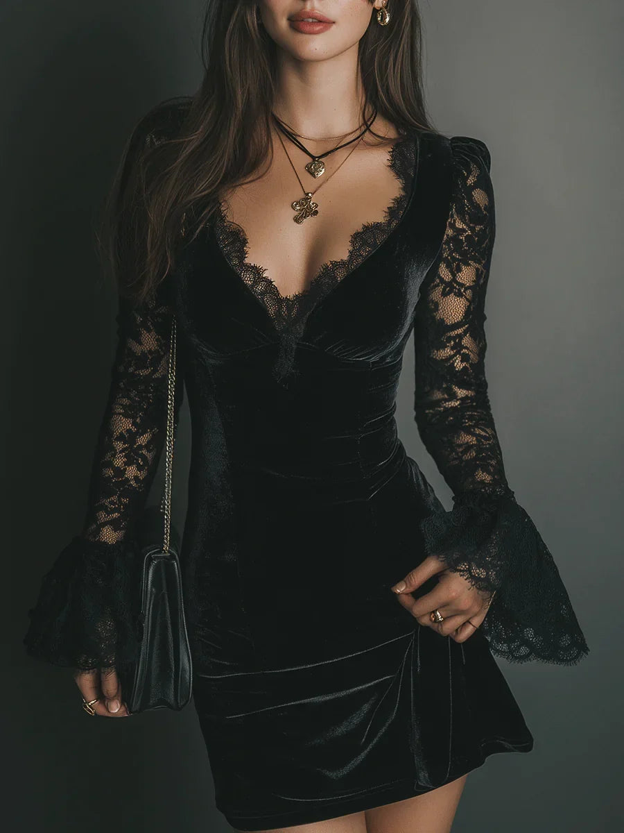 Women's Black Velvet Mini Dress with Deep V-Neck and Lace Sleeves