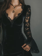 Women's Black Velvet Mini Dress with Deep V-Neck and Lace Sleeves