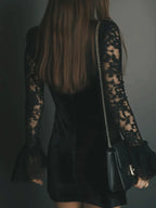 Women's Black Velvet Mini Dress with Deep V-Neck and Lace Sleeves
