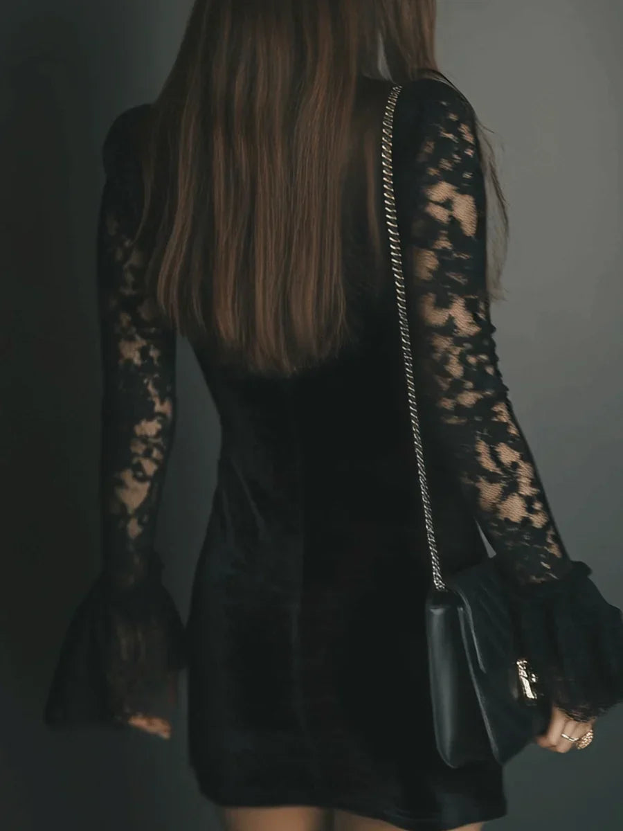 Women's Black Velvet Mini Dress with Deep V-Neck and Lace Sleeves