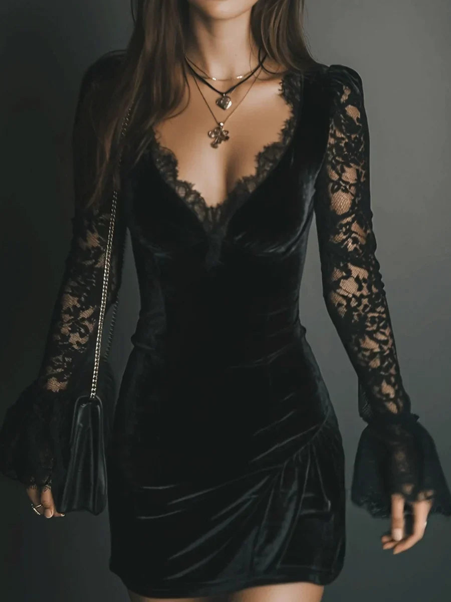 Women's Black Velvet Mini Dress with Deep V-Neck and Lace Sleeves