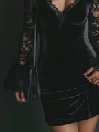 Women's Black Velvet Mini Dress with Deep V-Neck and Lace Sleeves