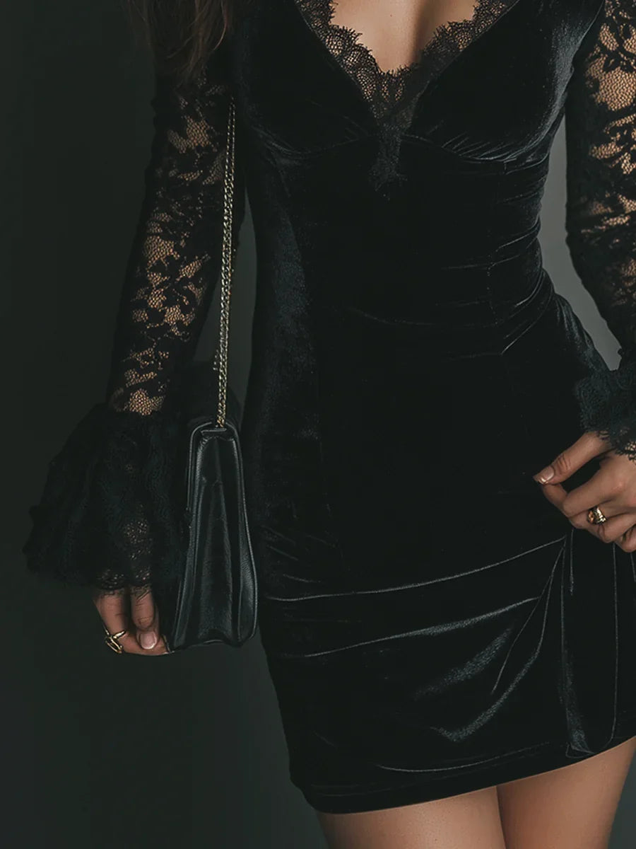 Women's Black Velvet Mini Dress with Deep V-Neck and Lace Sleeves