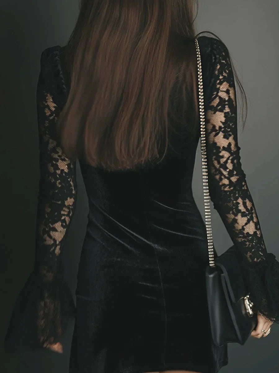 Women's Black Velvet Mini Dress with Deep V-Neck and Lace Sleeves