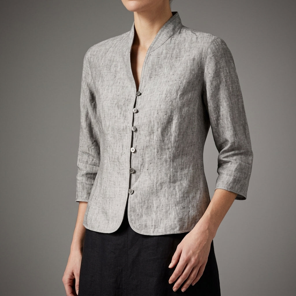 Women's Stand Collar Blouse with Button Front and Three Quarter Sleeves