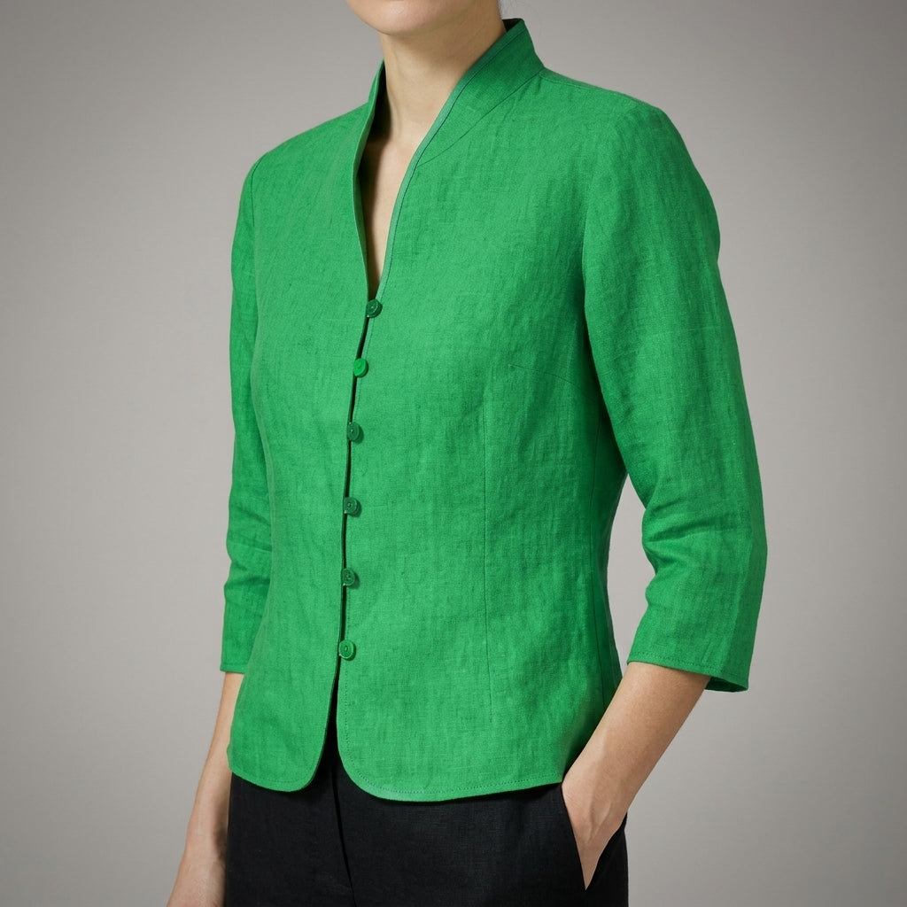 Women's Stand Collar Blouse with Button Front and Three Quarter Sleeves