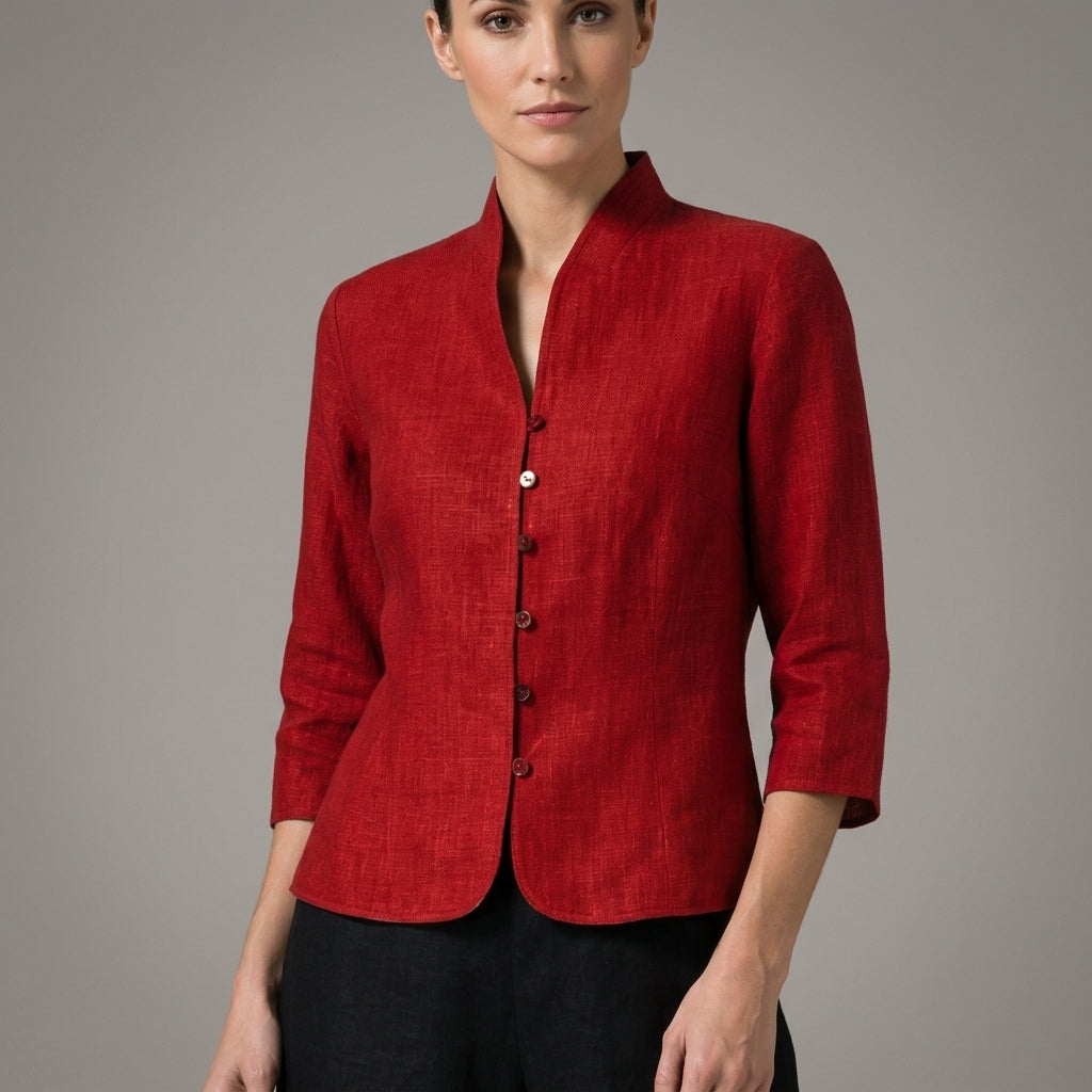 Women's Stand Collar Blouse with Button Front and Three Quarter Sleeves