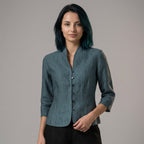 Women's Stand Collar Blouse with Button Front and Three Quarter Sleeves
