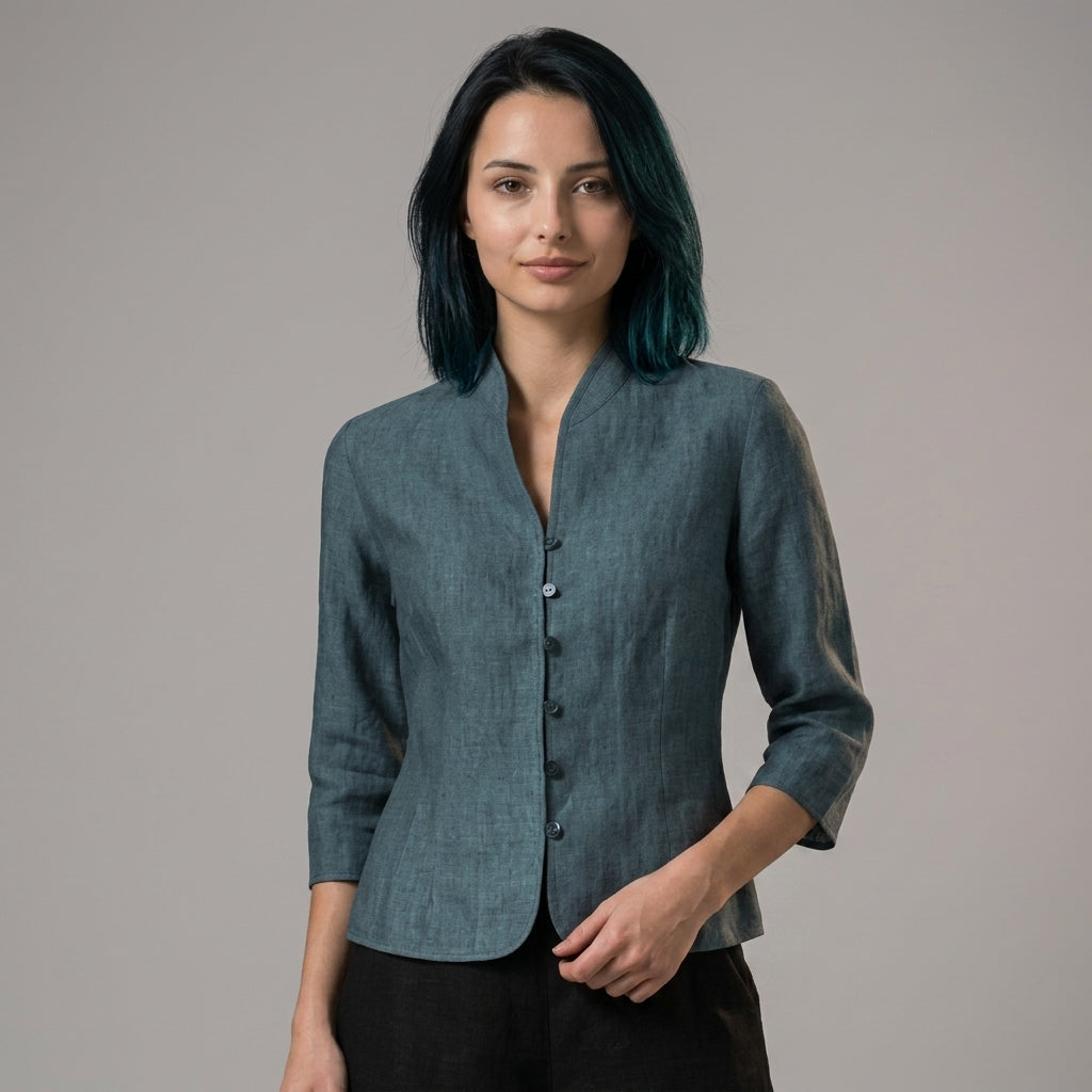 Women's Stand Collar Blouse with Button Front and Three Quarter Sleeves