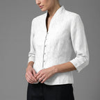 Women's Stand Collar Blouse with Button Front and Three Quarter Sleeves