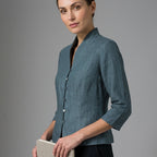 Women's Stand Collar Blouse with Button Front and Three Quarter Sleeves