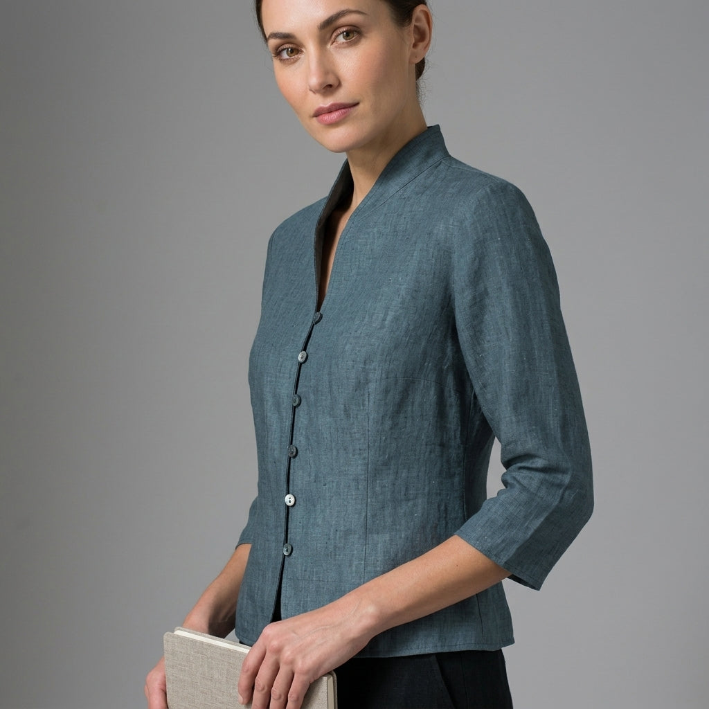 Women's Stand Collar Blouse with Button Front and Three Quarter Sleeves