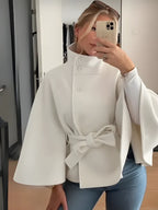 Elegant Women's Cape Coat with High Collar and Self-Tie Belt