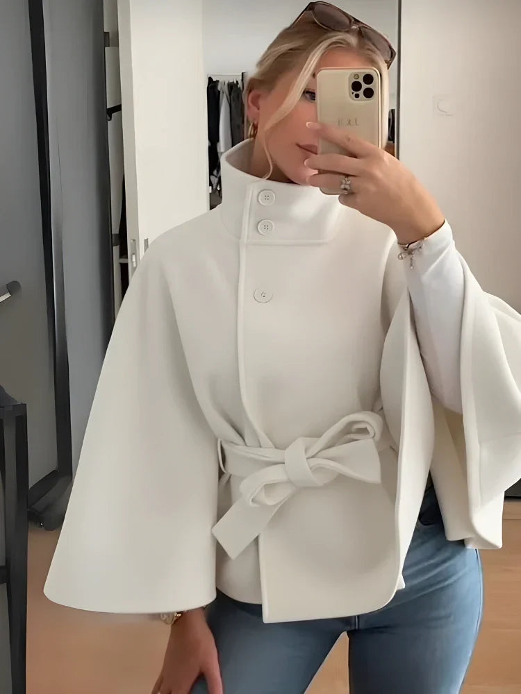 Elegant Women's Cape Coat with High Collar and Self-Tie Belt