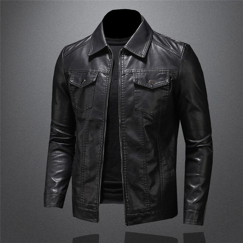 Classic Men's Biker Jacket with Stand Collar and Fitted Design